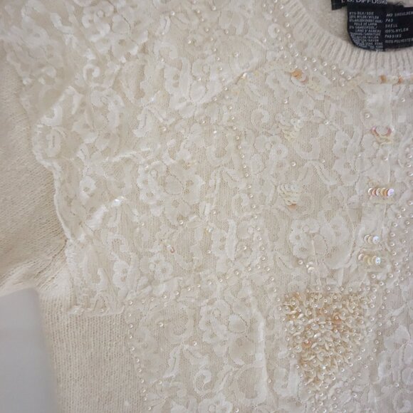 Vintage I.B. Diffusion Cream Silk Wool Lace Beaded Sweater Romantic Old Money L - Picture 8 of 11